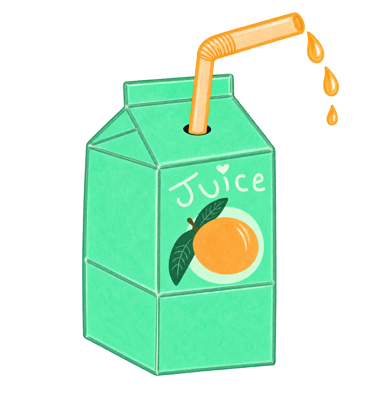 J0C3LYN's drawing of a mint juice carton with an orange, leaves, a straw, and juice droplets